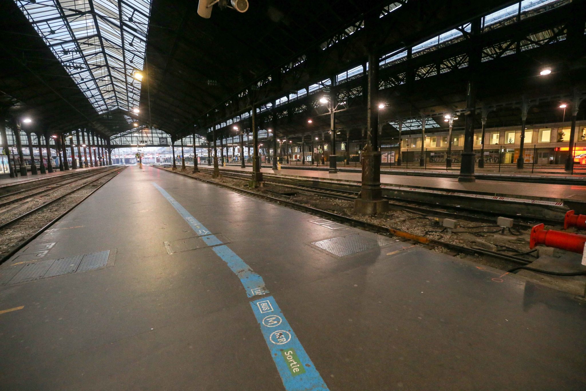Paris Gare Saint-Lazare is seen without passengers during a strike of Paris public transports operator RATP and public railways company SNCF employees against French government's plan to overhaul the country's retirement system, as part of a national gener Paris Gare Saint-Lazare is seen without passengers during a strike of Paris public transports operator RATP and public railways company SNCF employees against French government's plan to overhaul the country's retirement system, as part of a national gener