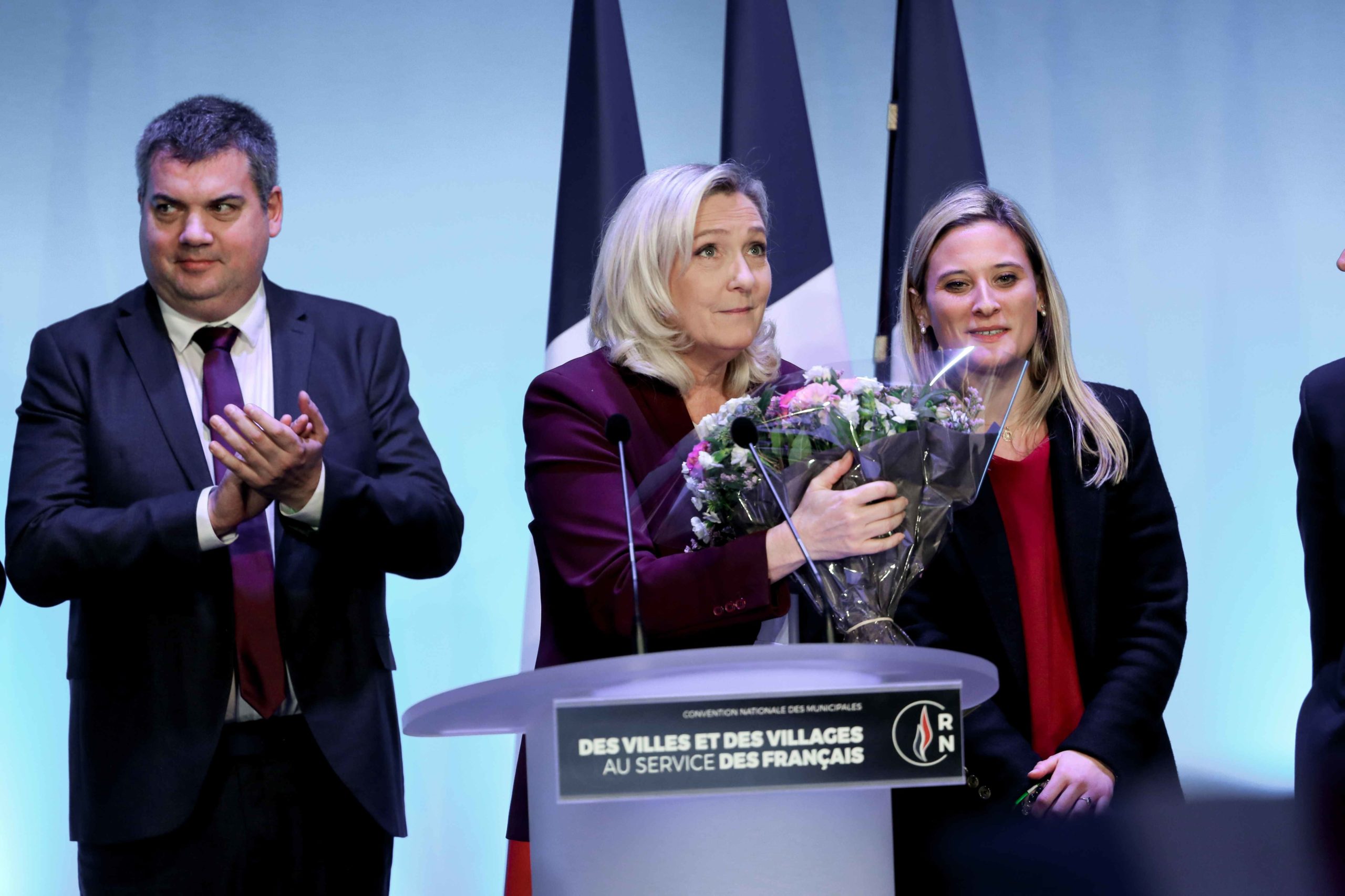 French far-right party Rassemblement National (RN) president and MP Marine Le Pen speaks in Paris, on January 12, 2020, during a meeting to launch the RN campaign candidates for the next municipal elections.  The 2020 French municipal elections will be hel